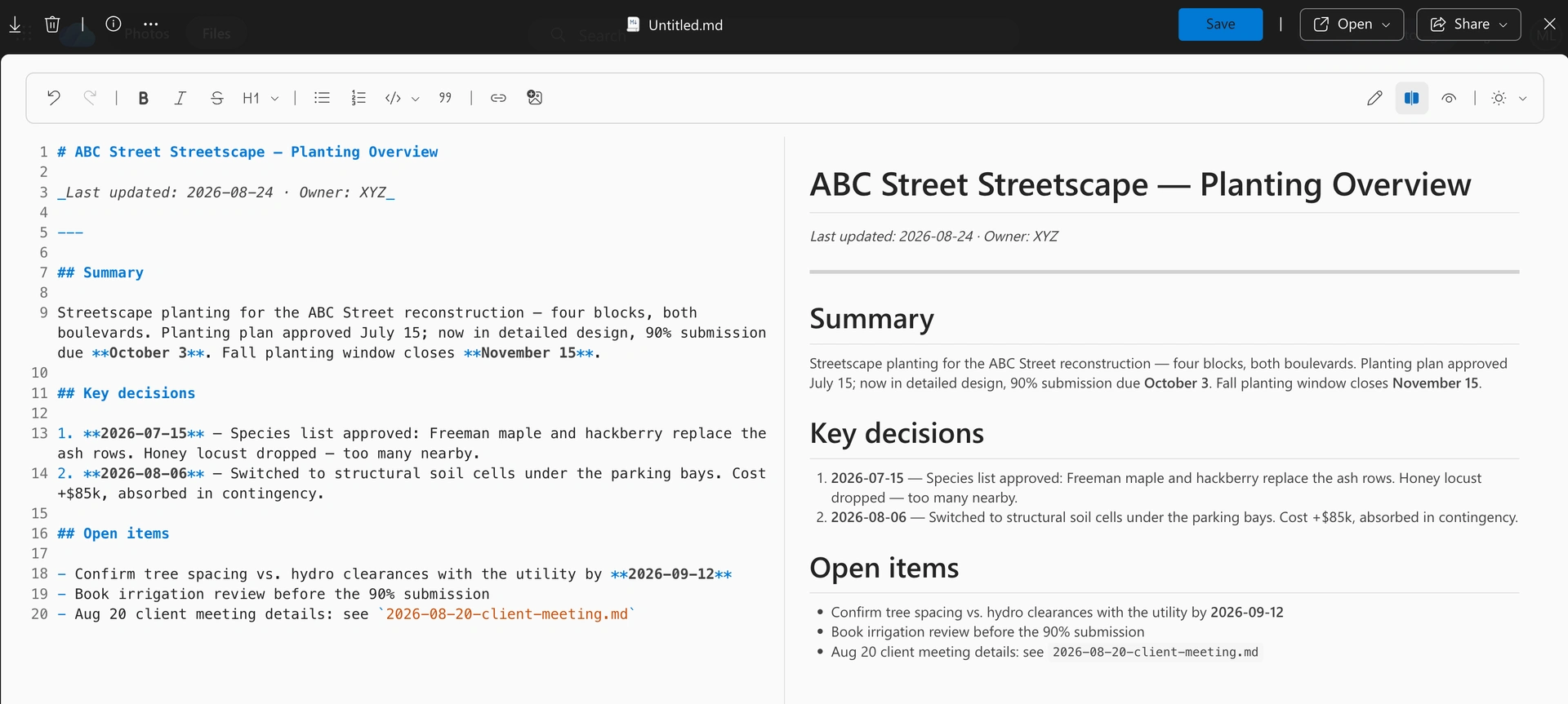 OneDrive markdown editor in split view