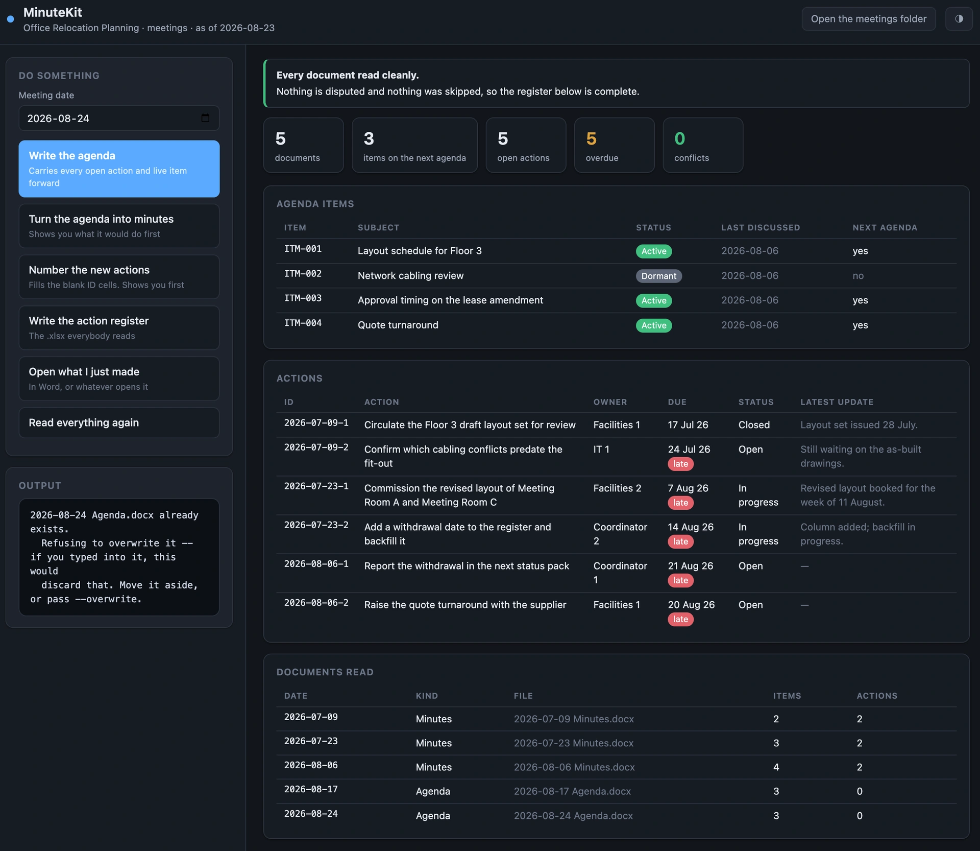MinuteKit's single-page interface for a fictional demo series: agenda items with statuses, an action register with overdue flags, and the list of documents read.