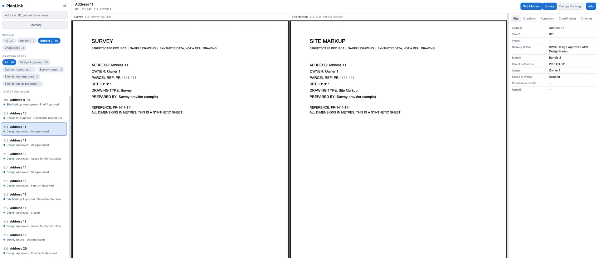 PlanLink showing one record with two synthetic drawings side by side — a survey and a site markup — with the record's details in a side panel.