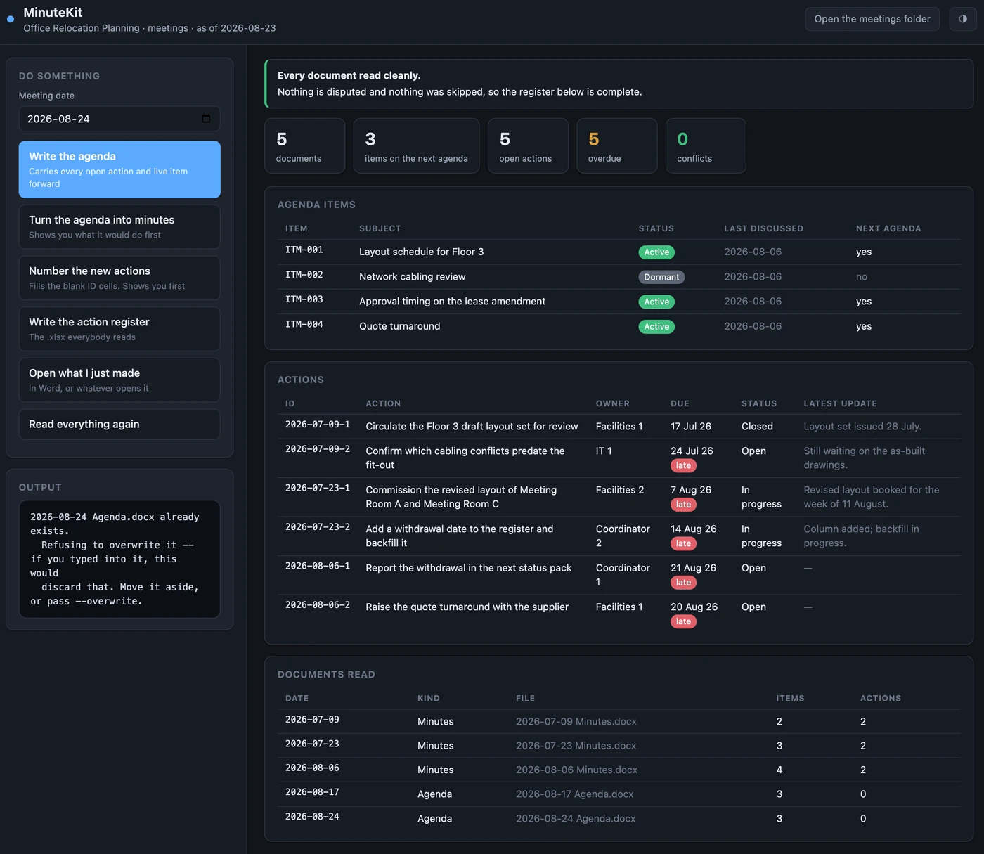 MinuteKit's single-page interface for a fictional demo series: agenda items with statuses, an action register with overdue flags, and the list of documents read.