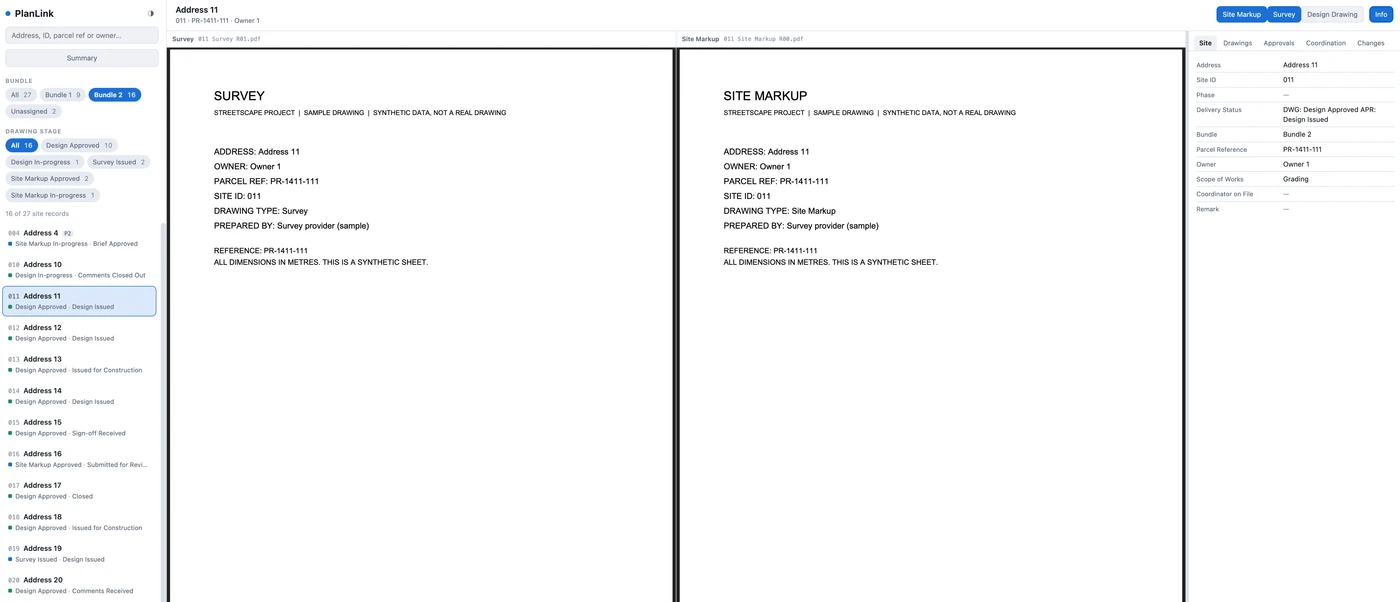 PlanLink showing one record with two synthetic drawings side by side — a survey and a site markup — with the record's details in a side panel.