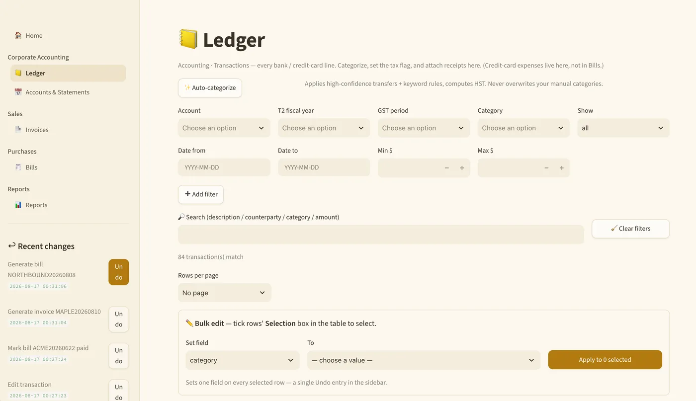 Quince ledger view with auto-categorize, filters by account, fiscal year, GST period and category, and bulk editing.