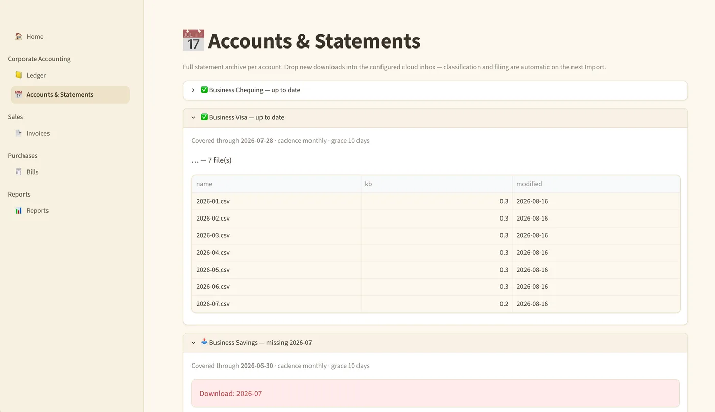 Accounts and statements view showing a per-account statement archive, with one account flagged as missing its July 2026 statement.